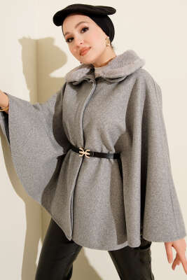 Gömlek Yaka Kürklü Kaşe Panço Gri - BERAT TEKSTİL