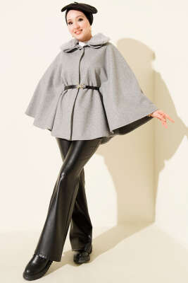 Gömlek Yaka Kürklü Kaşe Panço Gri - Panço