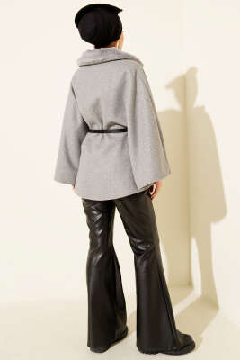 Gömlek Yaka Kürklü Kaşe Panço Gri - Panço