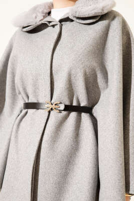 Gömlek Yaka Kürklü Kaşe Panço Gri - Panço