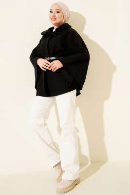 Gömlek Yaka Kürklü Kaşe Panço Siyah - Panço