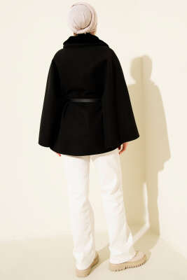 Gömlek Yaka Kürklü Kaşe Panço Siyah - Panço