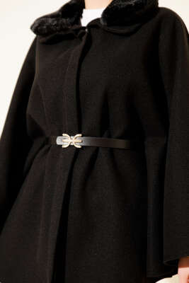 Gömlek Yaka Kürklü Kaşe Panço Siyah - Panço