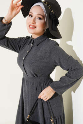 Gömlek Yaka Kuşaklı Elbise Füme - Tesettür Elbise