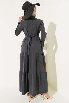 Gömlek Yaka Kuşaklı Elbise Füme - Tesettür Elbise