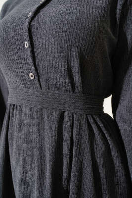 Gömlek Yaka Kuşaklı Elbise Füme - Tesettür Elbise