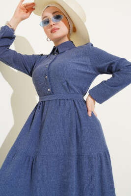 Gömlek Yaka Kuşaklı Elbise İndigo - Tesettür Elbise