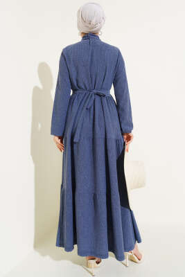 Gömlek Yaka Kuşaklı Elbise İndigo - Tesettür Elbise