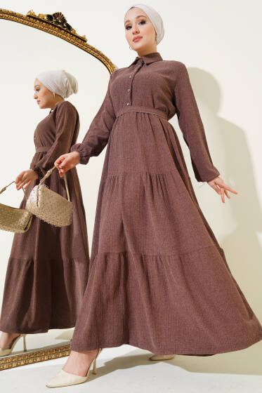 Gömlek Yaka Kuşaklı Elbise Kahve - Elbise