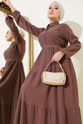 Gömlek Yaka Kuşaklı Elbise Kahve - Tesettür Elbise