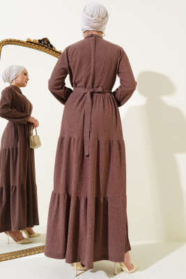 Gömlek Yaka Kuşaklı Elbise Kahve - Tesettür Elbise