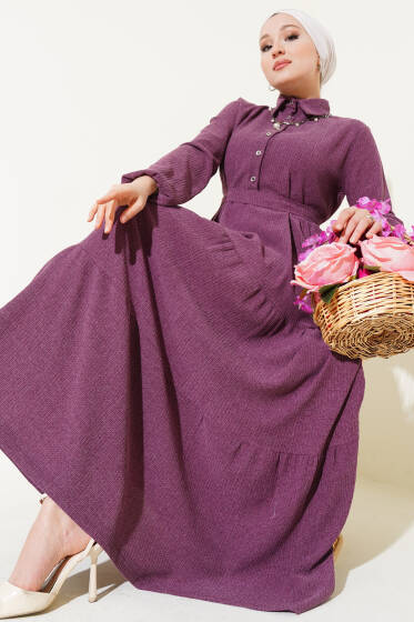 Gömlek Yaka Kuşaklı Elbise Magenta - Elbise