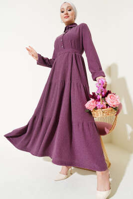 Gömlek Yaka Kuşaklı Elbise Magenta - Tesettür Elbise