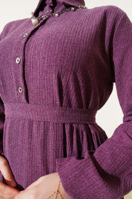 Gömlek Yaka Kuşaklı Elbise Magenta - Tesettür Elbise