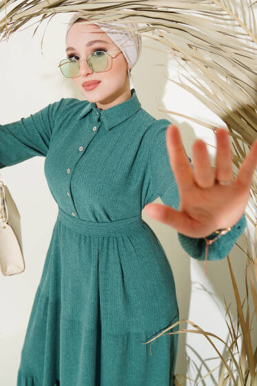 Gömlek Yaka Kuşaklı Elbise Zümrüt - Elbise