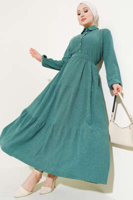 Gömlek Yaka Kuşaklı Elbise Zümrüt - Tesettür Elbise
