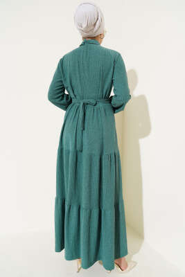 Gömlek Yaka Kuşaklı Elbise Zümrüt - Tesettür Elbise
