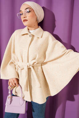 Gömlek Yaka Kuşaklı Kaşe Panço Bej - FİXAY
