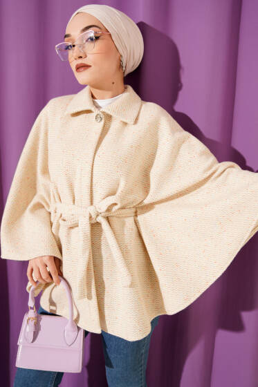 Gömlek Yaka Kuşaklı Kaşe Panço Bej - Panço