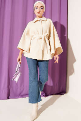 Gömlek Yaka Kuşaklı Kaşe Panço Bej - Panço