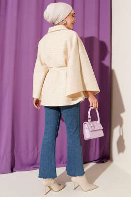 Gömlek Yaka Kuşaklı Kaşe Panço Bej - Panço