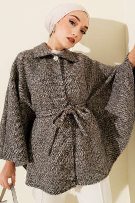 Gömlek Yaka Kuşaklı Kaşe Panço Füme - FİXAY