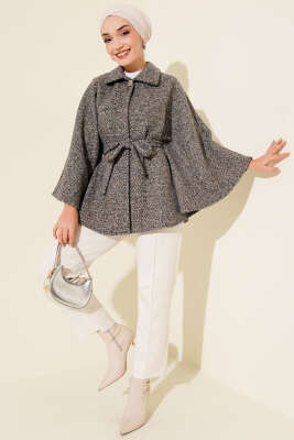 Gömlek Yaka Kuşaklı Kaşe Panço Füme - Panço