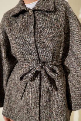 Gömlek Yaka Kuşaklı Kaşe Panço Füme - Panço