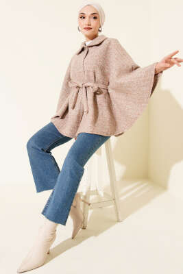 Gömlek Yaka Kuşaklı Kaşe Panço Vizon - Panço