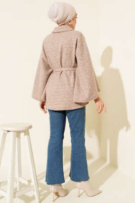 Gömlek Yaka Kuşaklı Kaşe Panço Vizon - Panço