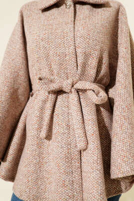 Gömlek Yaka Kuşaklı Kaşe Panço Vizon - Panço