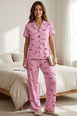 Gömlek Yaka Love Baskılı Kısa Kol Pijama Takımı Pembe - IŞILAY