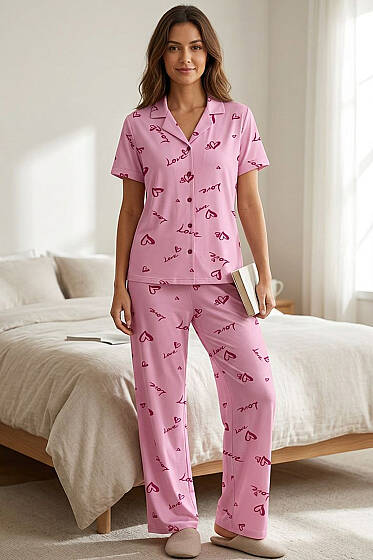 Gömlek Yaka Love Baskılı Kısa Kol Pijama Takımı Pembe - Pijama