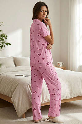 Gömlek Yaka Love Baskılı Kısa Kol Pijama Takımı Pembe - Pijama