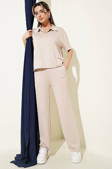 Gömlek Yaka Loyşa Taşlı T-shirt Takım Bej - Kadın Giyim Modelleri