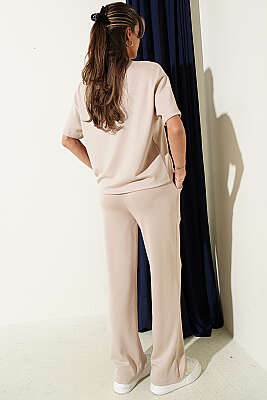 Gömlek Yaka Loyşa Taşlı T-shirt Takım Bej - Kadın Giyim Modelleri