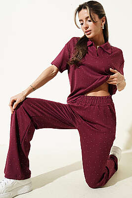 Gömlek Yaka Loyşa Taşlı T-shirt Takım Bordo - DİVON