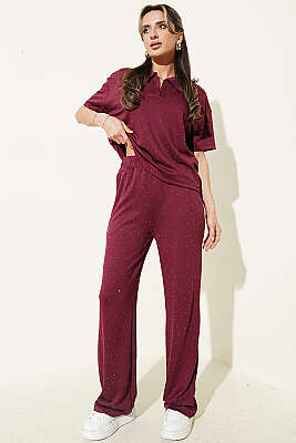 Gömlek Yaka Loyşa Taşlı T-shirt Takım Bordo - Kadın Giyim Modelleri