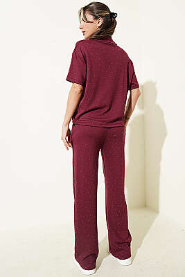 Gömlek Yaka Loyşa Taşlı T-shirt Takım Bordo - Kadın Giyim Modelleri