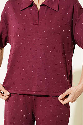 Gömlek Yaka Loyşa Taşlı T-shirt Takım Bordo - Kadın Giyim Modelleri