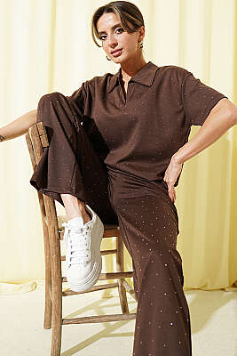 Gömlek Yaka Loyşa Taşlı T-shirt Takım Kahve - DİVON