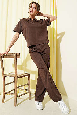 Gömlek Yaka Loyşa Taşlı T-shirt Takım Kahve - Kadın Giyim Modelleri