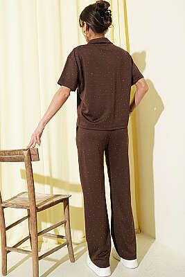 Gömlek Yaka Loyşa Taşlı T-shirt Takım Kahve - Kadın Giyim Modelleri