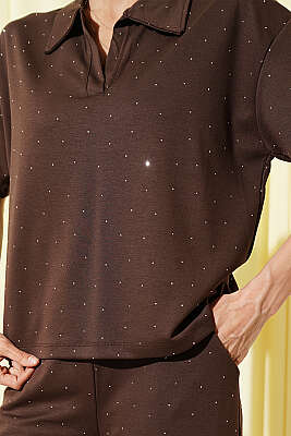 Gömlek Yaka Loyşa Taşlı T-shirt Takım Kahve - Kadın Giyim Modelleri