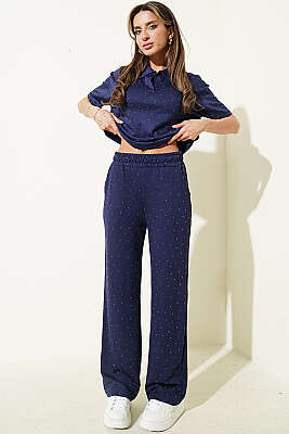 Gömlek Yaka Loyşa Taşlı T-shirt Takım Lacivert - DİVON