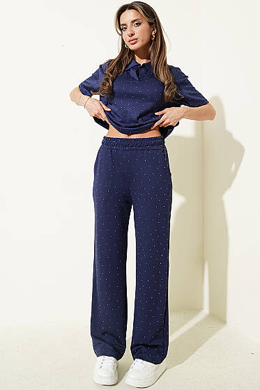 Gömlek Yaka Loyşa Taşlı T-shirt Takım Lacivert - Kadın Giyim Modelleri