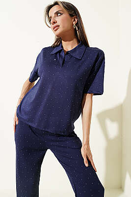 Gömlek Yaka Loyşa Taşlı T-shirt Takım Lacivert - Kadın Giyim Modelleri