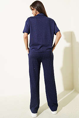 Gömlek Yaka Loyşa Taşlı T-shirt Takım Lacivert - Kadın Giyim Modelleri