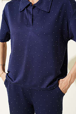 Gömlek Yaka Loyşa Taşlı T-shirt Takım Lacivert - Kadın Giyim Modelleri