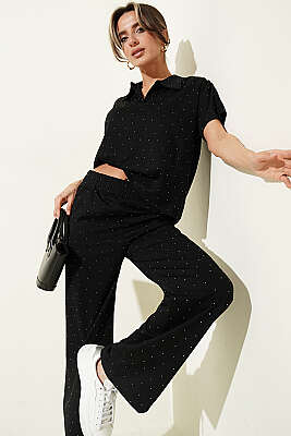 Gömlek Yaka Loyşa Taşlı T-shirt Takım Siyah - DİVON